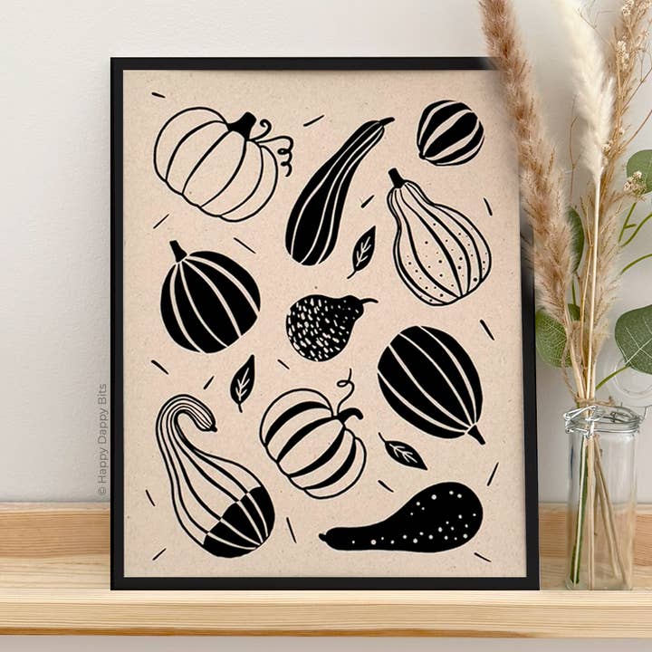 Illustrated Pumpkins & Gourds Autumn and Fall Art Print for wholesale by Happy Dappy Bits