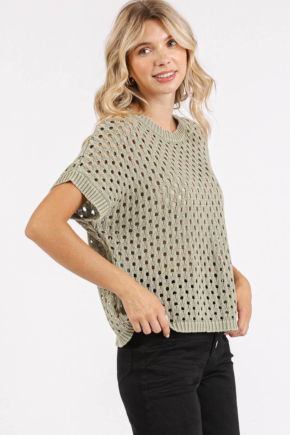 mittoshop – Großhandel Strickpullover – Damen – Mineral-waschgestricktes Kurzarm-Pullover-Top mit Lochmuster4