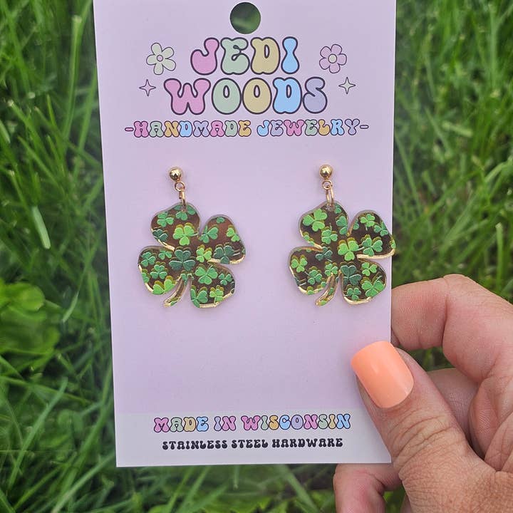 Gold Mirror Clover Earrings for St. Patricks Day for wholesale by Jedi Woods LLC