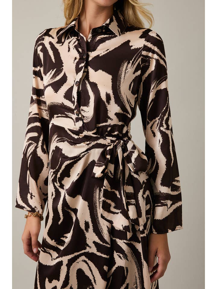 COLLAR LONG SLEEVE WAIST TIE BUTTON UP ABSTRACT MIDI DRESS for wholesale on Faire4