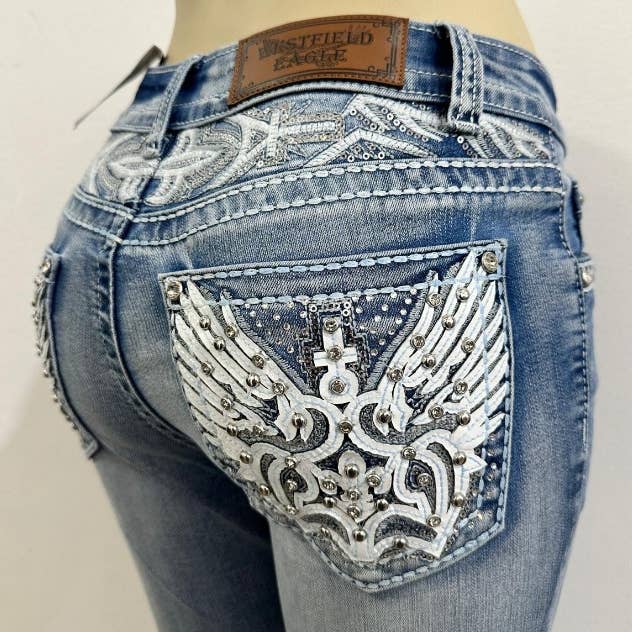 MID SAND WASH WT-766 BOOTCUT STRETCHY WOMEN'S BLING JEANS WESTFIELD EAGLE for wholesale on Faire