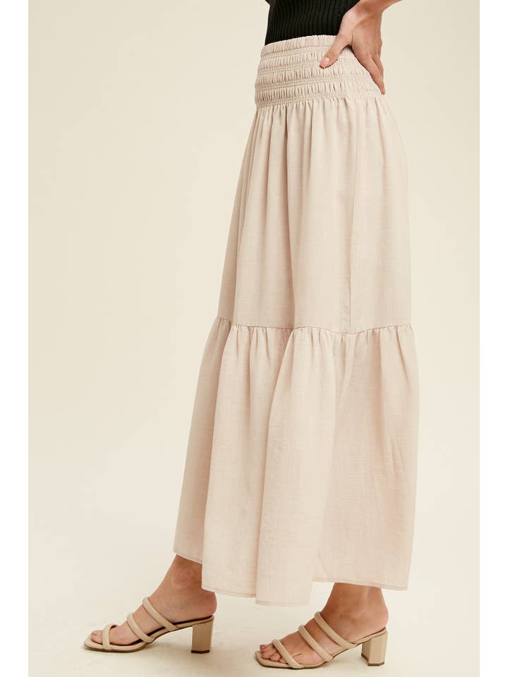 Champagne Smocked Waist Tiered Midi Skirt for wholesale on Faire