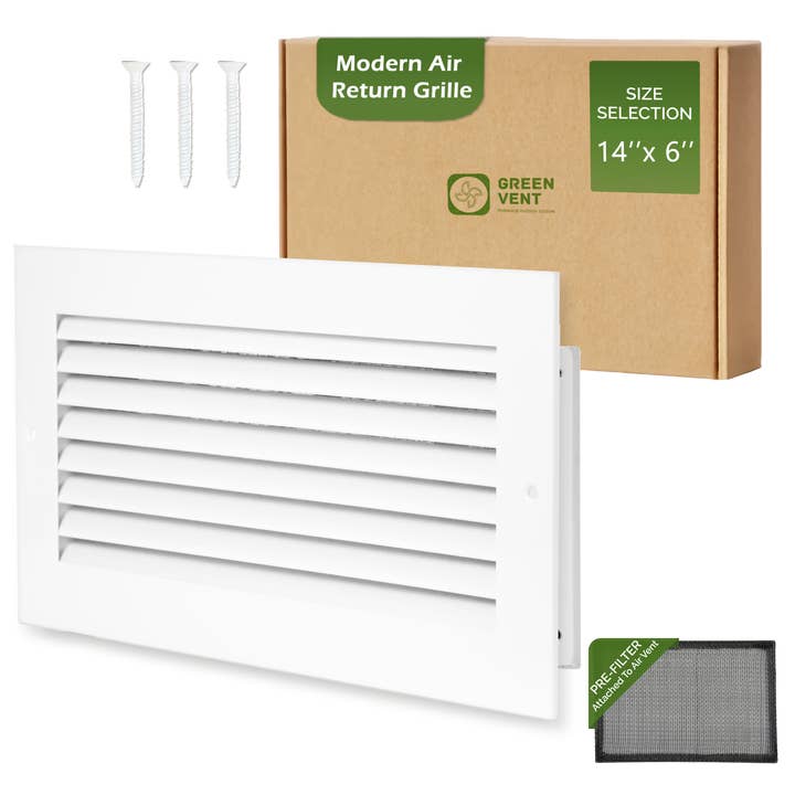 Modern Air Return Grille 14x6 (Duct opening) - Decorative White Aluminum Air Vent Cover with Washable Mesh Pre-Filter for wholesale by Green Vent