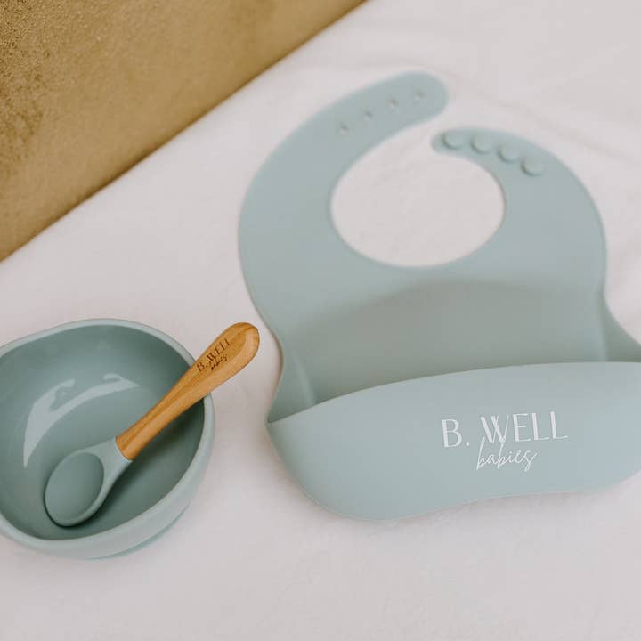 Silicone Bib, Bowl & Spoon Set | Blue Breeze for wholesale by B. Well Babies