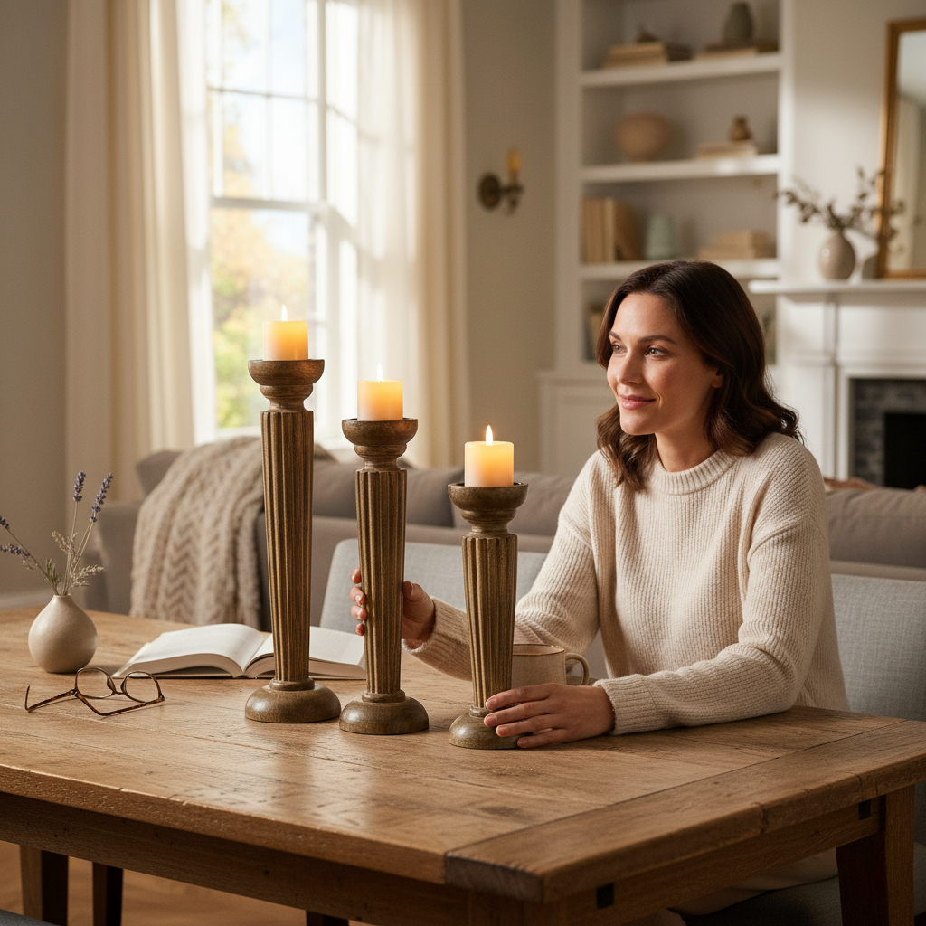 Wilco Home - Vendita all'ingrosso Portacandele - Set di 3 portacandele a colonna in legno Hampshire1