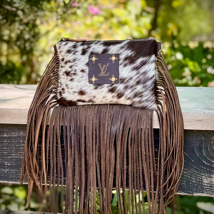 Southern Junkie Gypsy Boutique - Wholesale Crossbody Bag - Women's - Upcycled LV Cowhide Leather Fringe Crossbody Bag Western