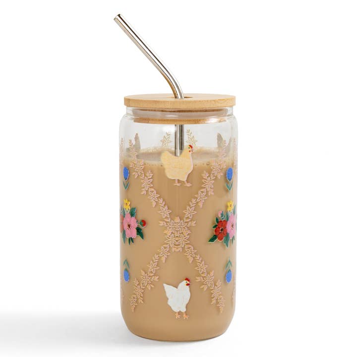 Chickens Folk Floral Glass Can for wholesale by Paper Farm Press