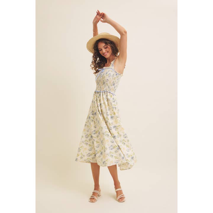 BUTTER CREAM BLUE LOVELY FLORAL SMOCKED MIDI DRESS WITH BOW for wholesale on Faire