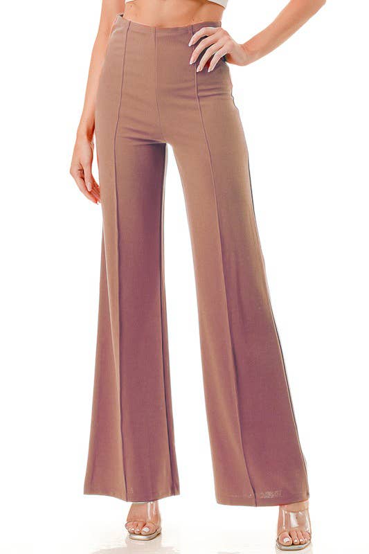 Color 5 - Wholesale Pants - Women's - Solid color wide leg high waist dressy pants with trim line2