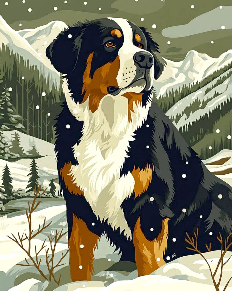 Mowbi - Venta al por mayor Ilustración - Día de invierno Perro de montaña de Berna - Impresiones artísticas de naturaleza muerta de perros – Obra de arte de 8″x10″ para marco de 11″x14″0