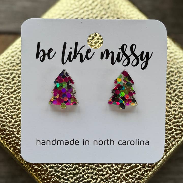 Christmas Tree Earrings - Pink Glitter Studs for wholesale by Be Like Missy