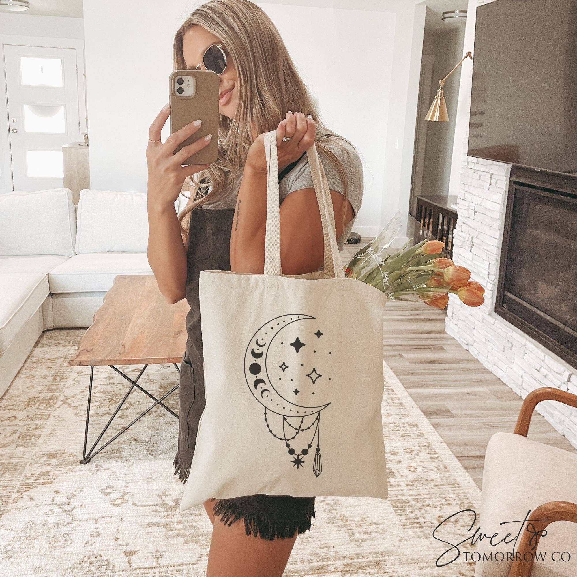 Cataleya Designs Studio LLC – wholesale Tote bag – Women's – Celestial Moon Cotton Canvas Tote Bag Medium Grocery Bag2
