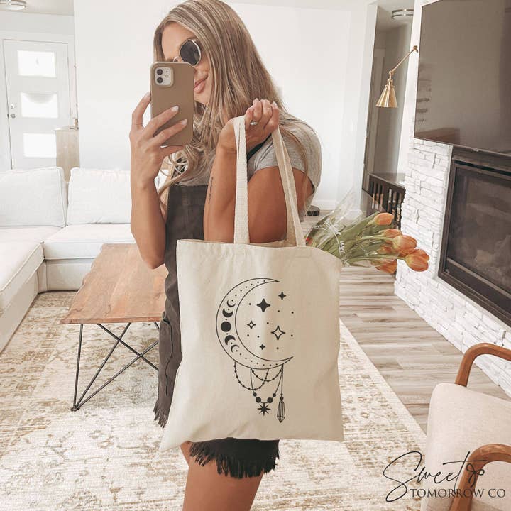 Cataleya Designs Studio LLC – wholesale Tote bag – Women's – Celestial Moon Cotton Canvas Tote Bag Medium Grocery Bag2