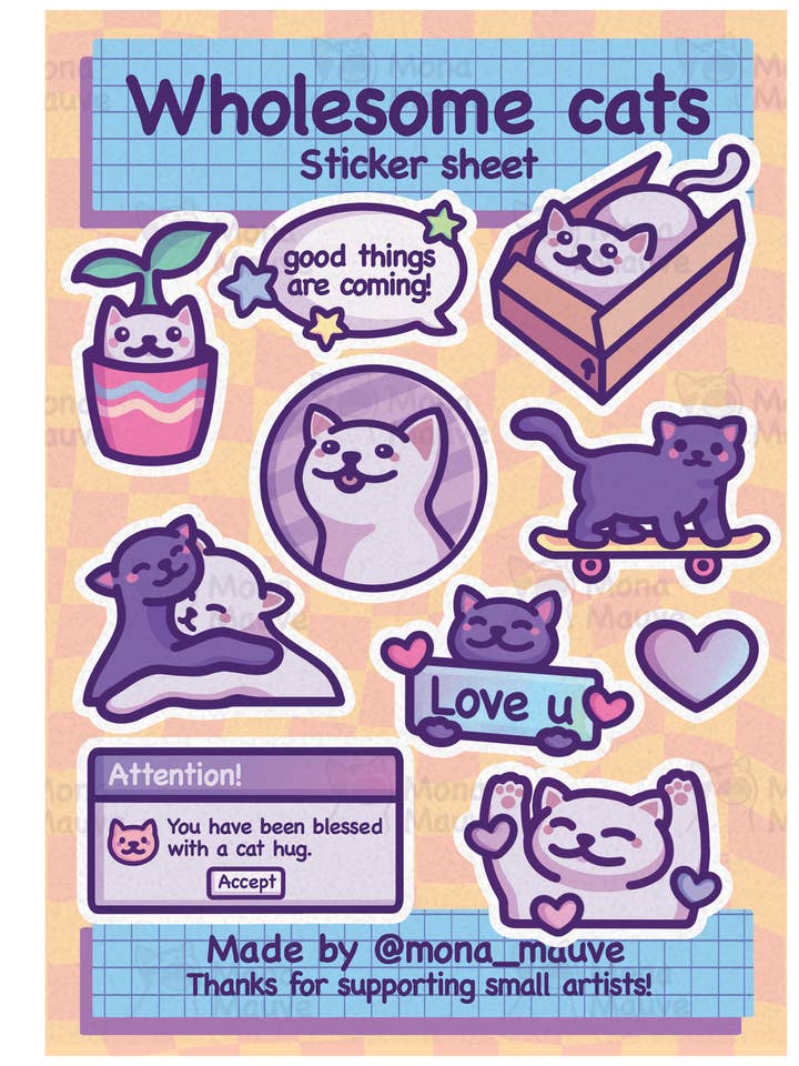 Wholesome Cats Sticker Sheet | 10 Waterproof Vinyl Stickers for wholesale by Mona Mauve • Silly Art!