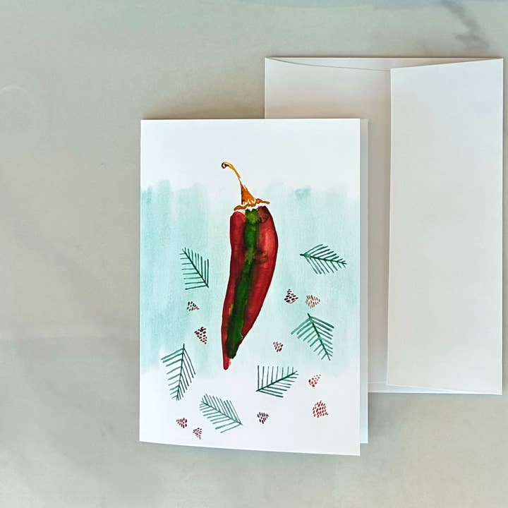 Carte de Noël Pins + Cônes du Chili, carte A7 pour la vente par Red Chile Design Co