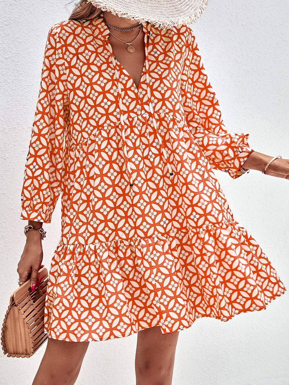 Queen Fashion - Wholesale Dress - Women's - floral print tie neck smock dress4