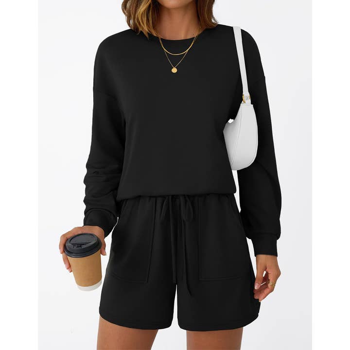 UNISHE - Venta al por mayor Conjuntos de top y pantalón corto (NO para estar en casa) - Mujer - Conjunto de moda casual de sudadera de manga larga y pantalones cortos MD23214