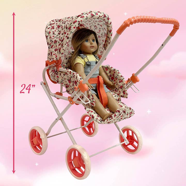 The New York Doll Collection - Wholesale Doll Stroller - Kids - Heart Printed Doll Bassinet Stroller with Travel Carry Bag6