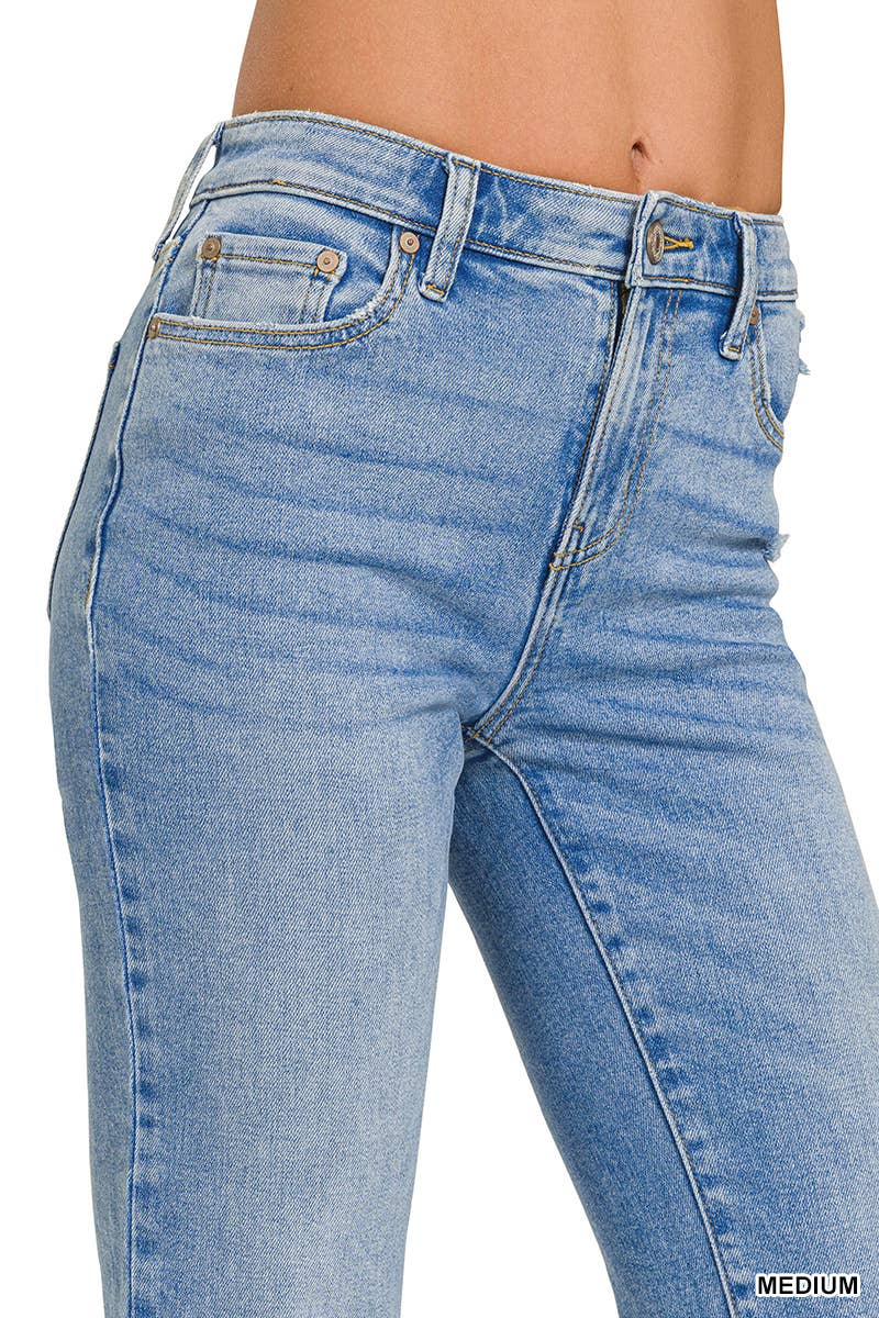 "._ Medium Washed Kick Crop Flare Denim Pants for wholesale on Faire4