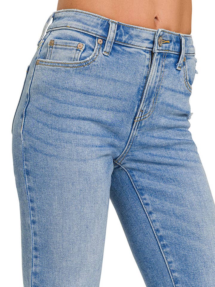 "._ Medium Washed Kick Crop Flare Denim Pants for wholesale on Faire4