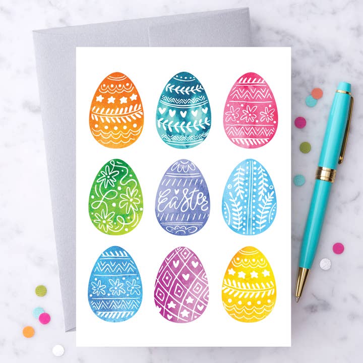 EA03 Watercolor Decorated Easter Eggs Greeting Card for wholesale by Design With Heart