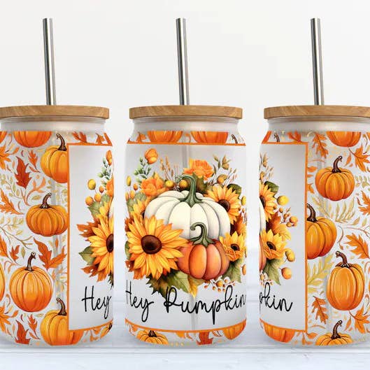 Hey Pumpkin Fall 16oz Libbey Glass Tumbler for wholesale by Kate Haven Glass Tumblers for Every Occasion