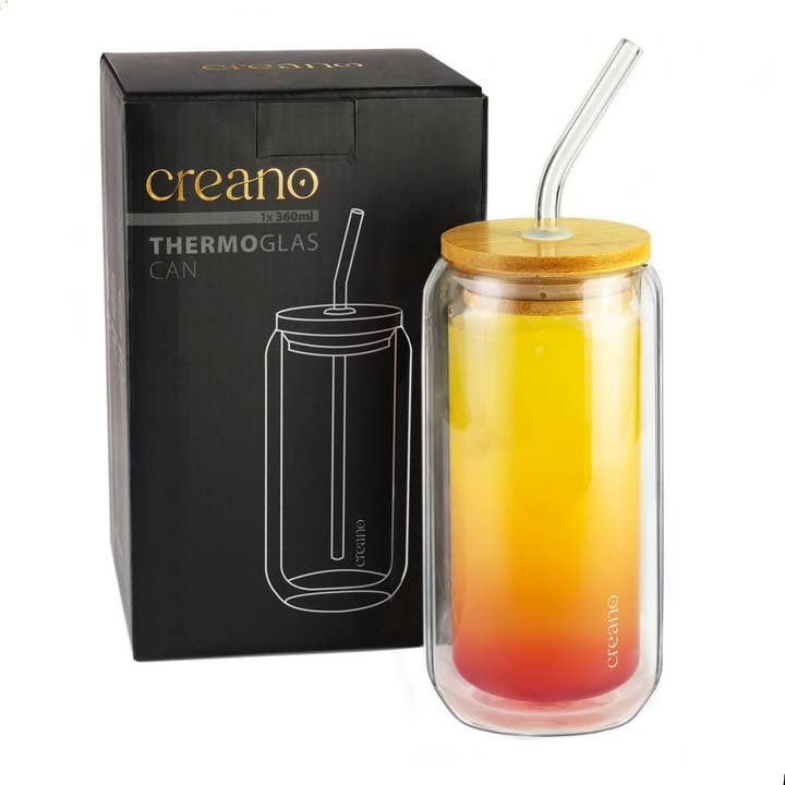 Creano - Wholesale Drinking Glass/Cup - Creano double-walled glass bamboo lid, straw 360ml 1er7