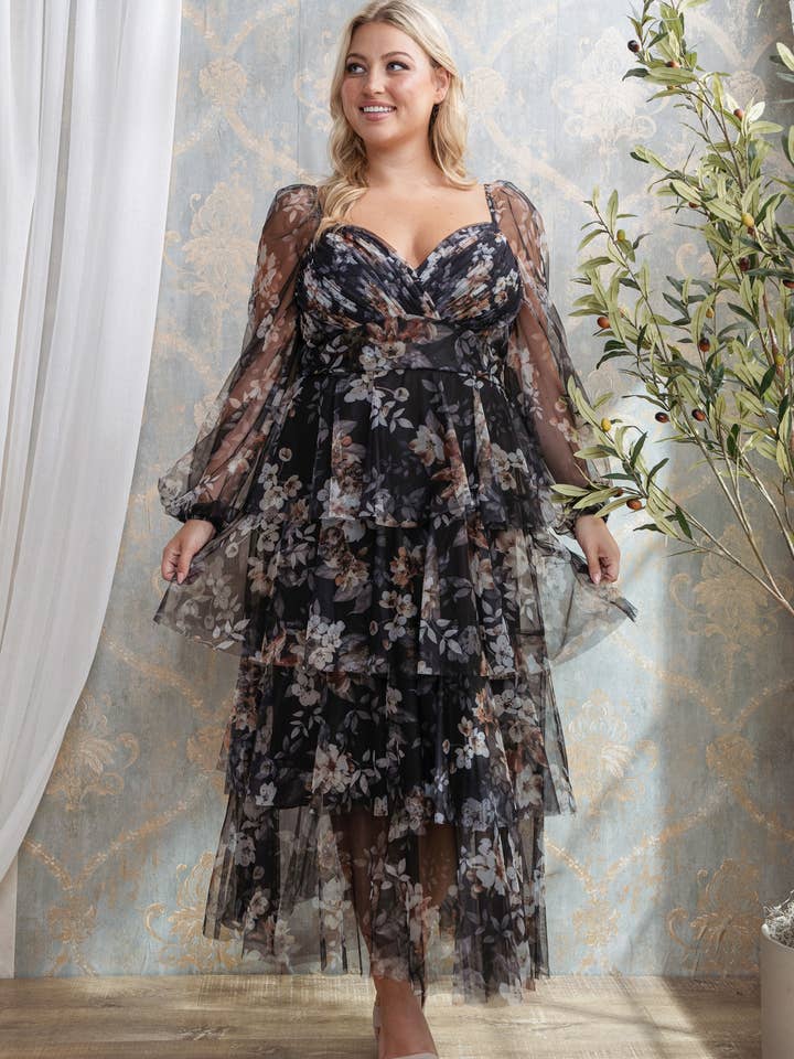 Rosemore Couture - Wholesale Dress - Women's - PLUS SIZE FLORAL PRINT PLEATED MIDI DRESS 0