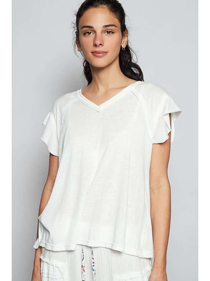 Pol Clothing - Wholesale T-Shirt - Women's - V-neck ruffle short sleeve solid basic cotton top