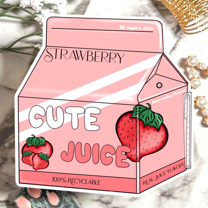 Neverending Stickers - Cute Juice - Vinylsticker of magneet 3x3in - Roze aardbei voor wholesale door Neverending Stickers