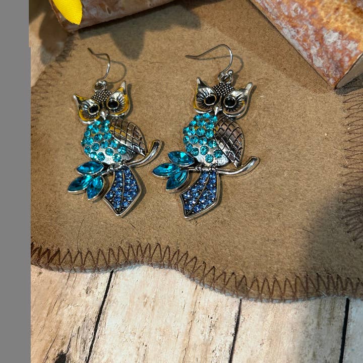 Montana Jewelry & Gifts - Wholesale Dangle Earrings - Dangle Owl Earrings with Blue Rhinestones