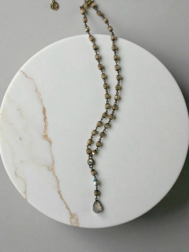 Elsa Lariat v necklace with teardrop pendant for wholesale by Ava Capri