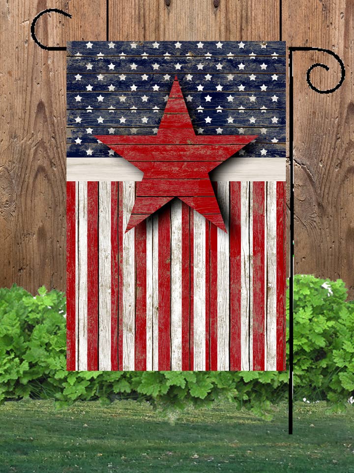 Bandiera da giardino a stelle e strisce dall'aspetto primitivo in legno #G1482 per la vendita all'ingrosso da parte di Happy Cow Lawn Decor