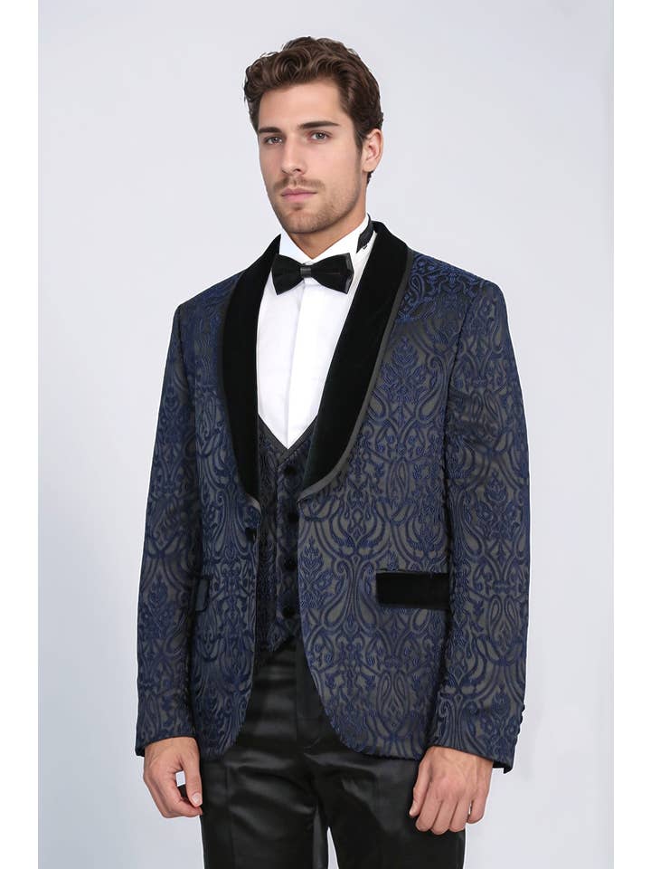 Baroque Patterned Velvet Shawl Collar Vested Navy Blue Tuxedo - Wessi for wholesale on Faire2
