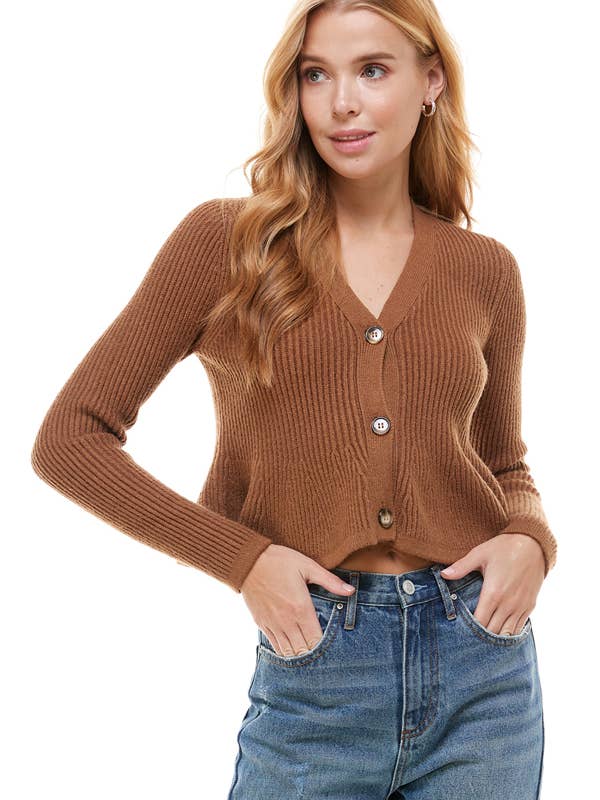 CROPPED V NECK PEPLUM CARDIGAN for wholesale by ACOA COLLECTION