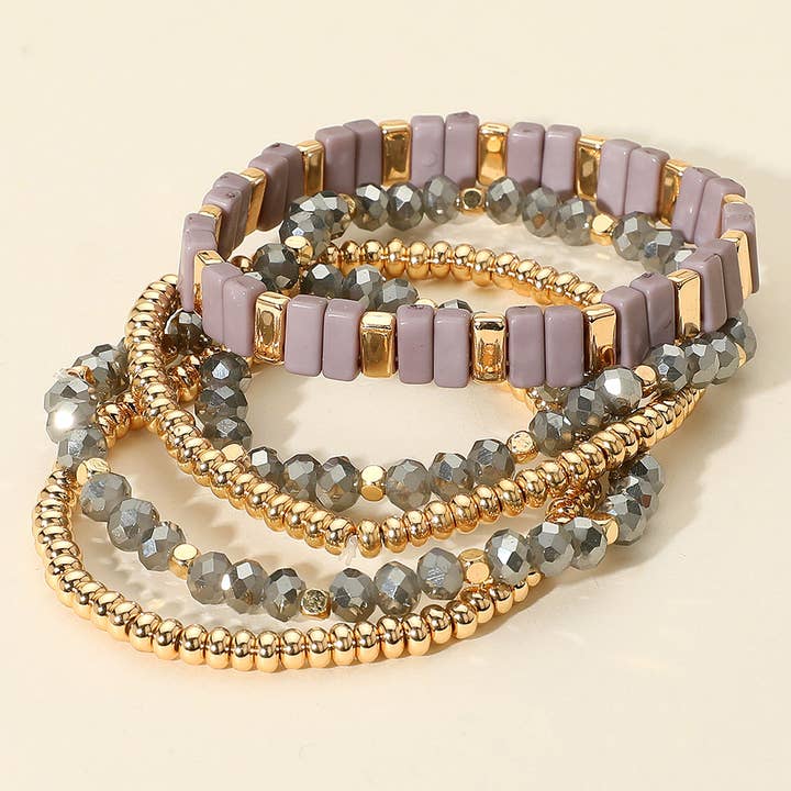 Sensibling Corp. - Wholesale Jewelry Set - 5PCS - Mixed Shape Textured Beaded Stretch Multi Layered Bracelets2