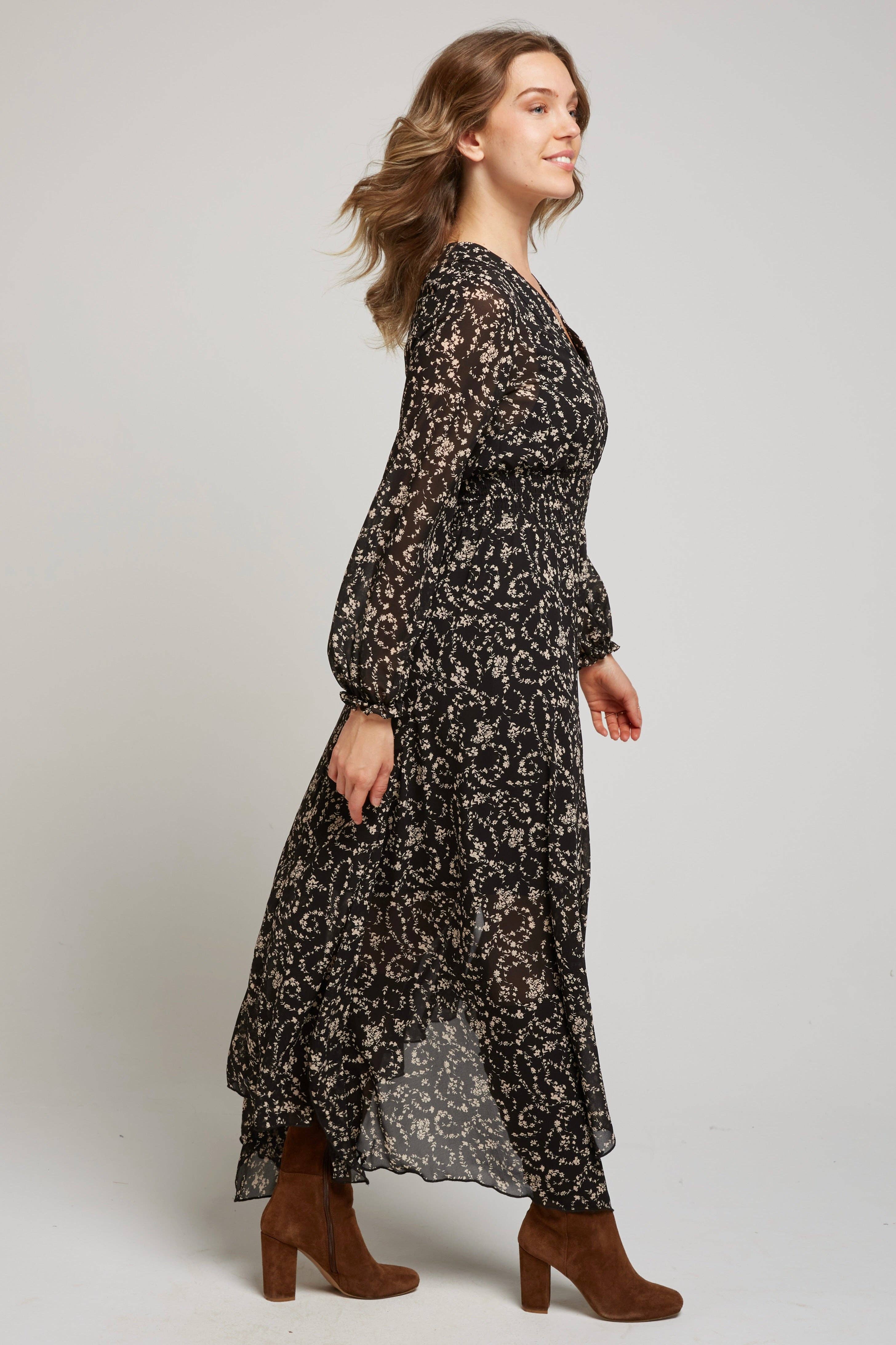 INDIE2 - Long black printed dress – for wholesale on Faire1
