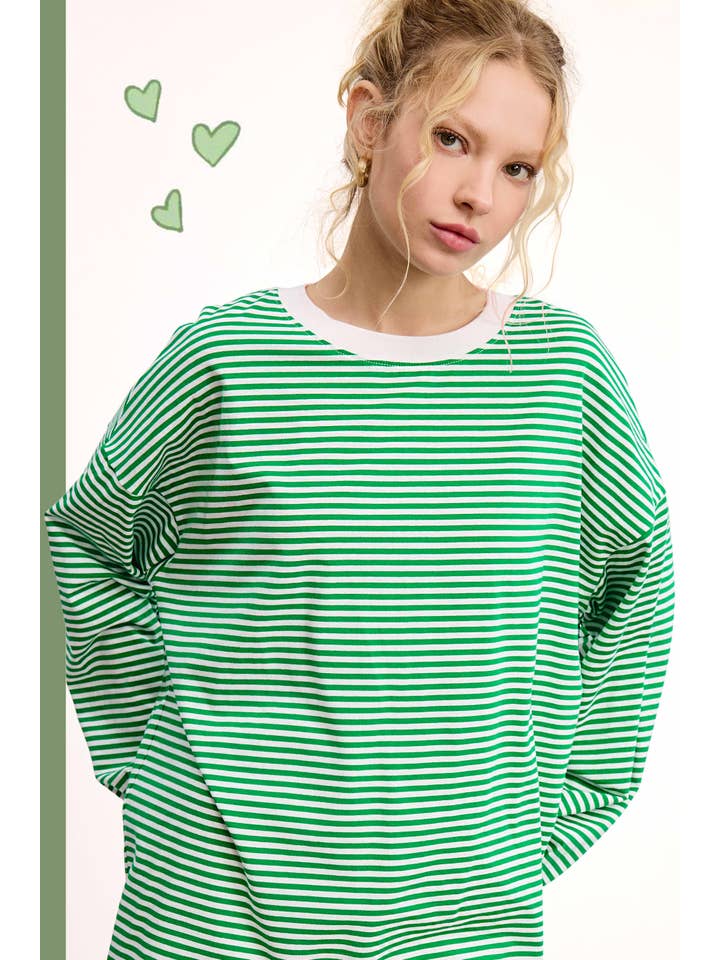 La Miel - Wholesale Knit Top - Women's - MCT7678-Oversized Striped Long Sleeve Pullover Top
