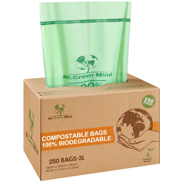 2/3 litre compostable organic bags, 250-piece dispenser for wholesale by Mr. Green Mind