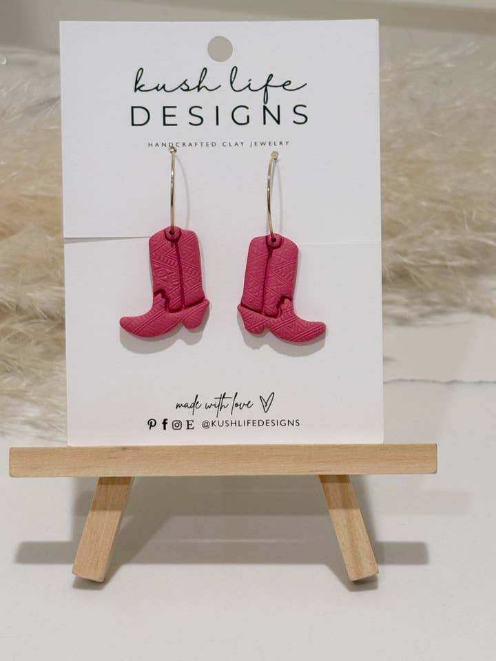 CLAY EARRINGS | Pink Cowgirl Boot Hoops for wholesale by Kush Life Designs