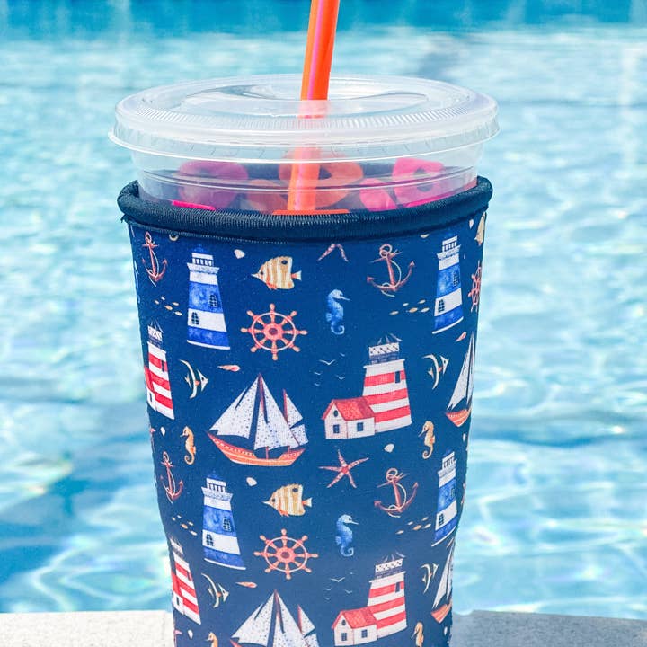 Harris Girls & Co. – wholesale Drink huggers & koozies – Large Cold Coffee Holder "Lighthouse Boats"0