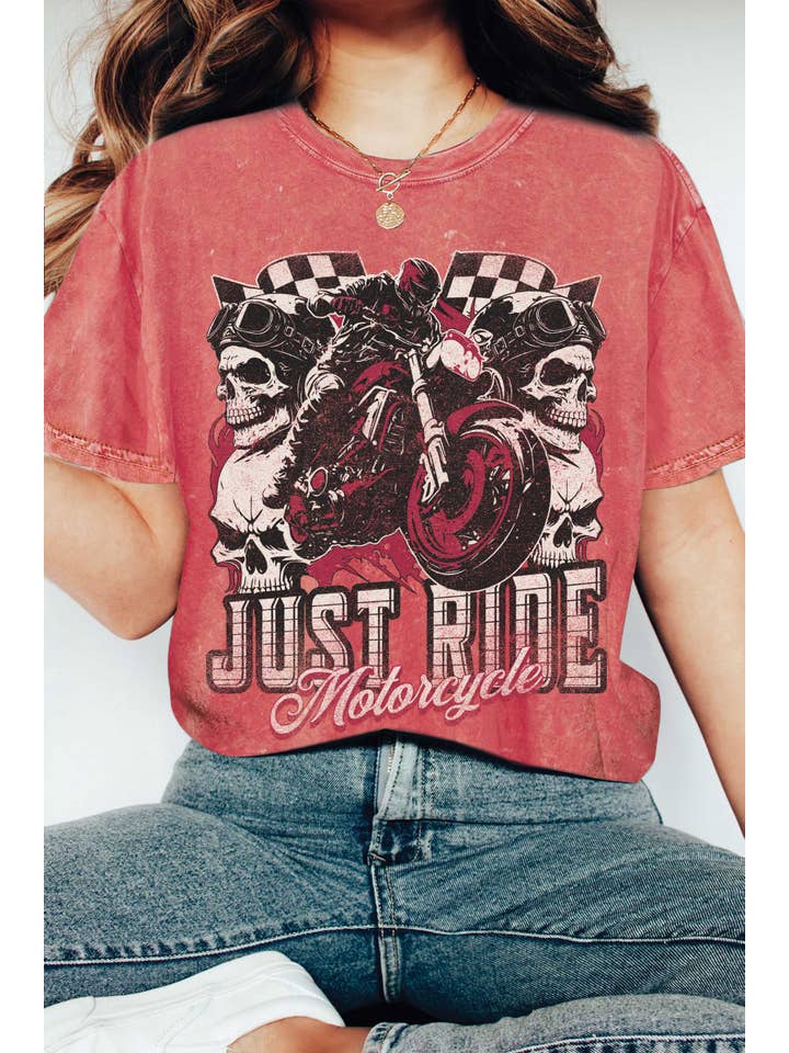 Rustee Clothing - Wholesale Screen Printed T-Shirt - Women's - JUST RIDE SKULL MOTORCYCLE MINERAL GRAPHIC TSHIRTS1