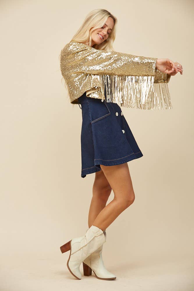 WISTERIA LANE – Blusão - Mulher por atacado – CASACO MOTO COM LANTEJOULAS RECORTADAS COM FRANJAS -6317 DOURADO3