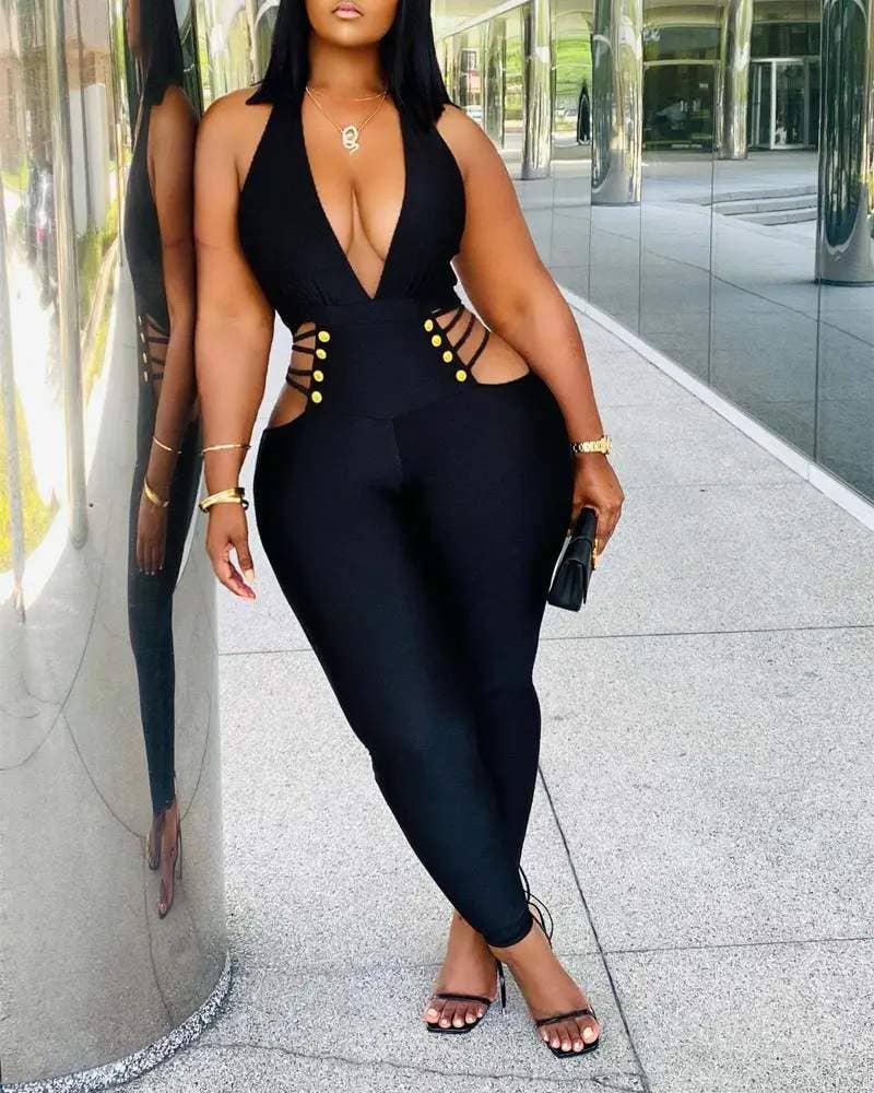 Fashion Combination - Wholesale Jumpsuit - Women's - plunging halter backless cutout skinny jumpsuit12