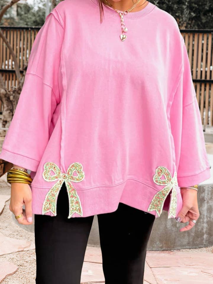 Floral Bow Patched Exposed Seam Patchwork Sweatshirt (S-XL) for wholesale by 66DISCO