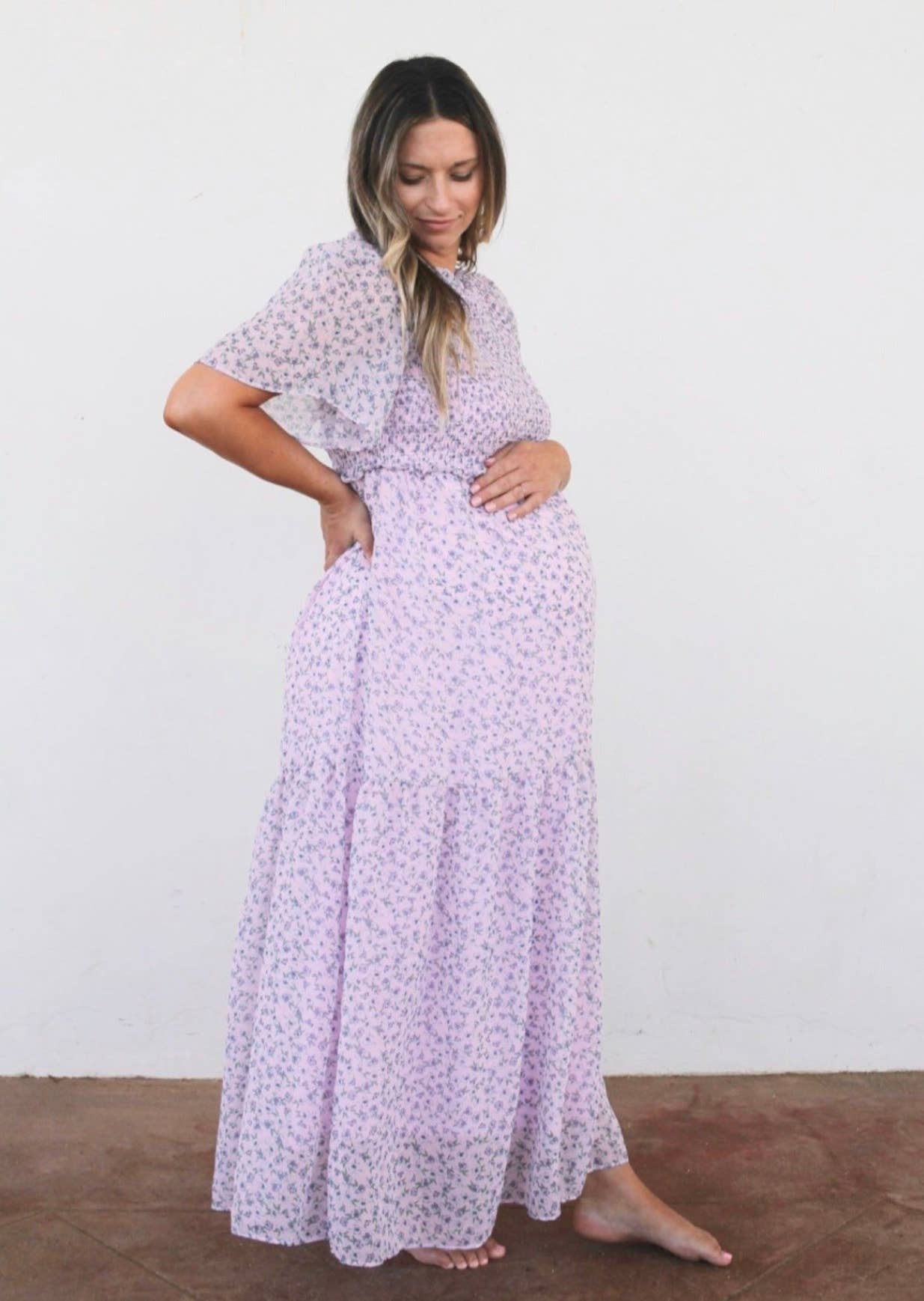 LIV Maternity - Wholesale Dress - Maternity - Lilac Smocked Floral Chiffon Dress1