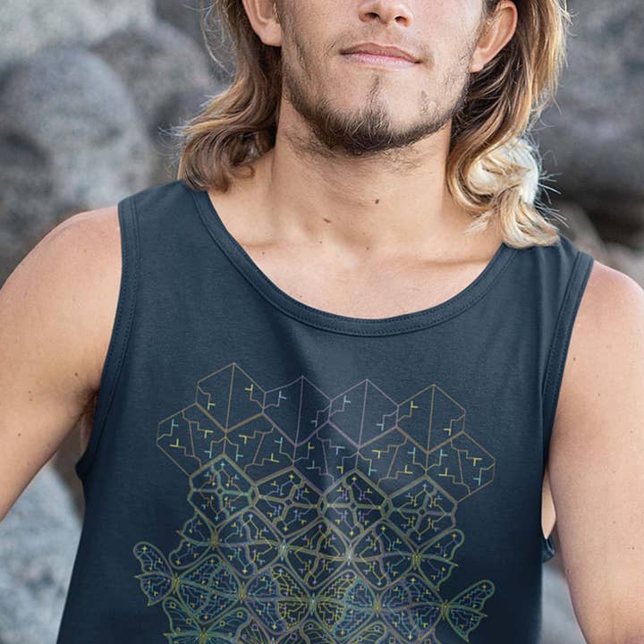 Camiseta regata masculina Butterfly Morph feita sob encomenda - azul marinho por atacado de symbolika