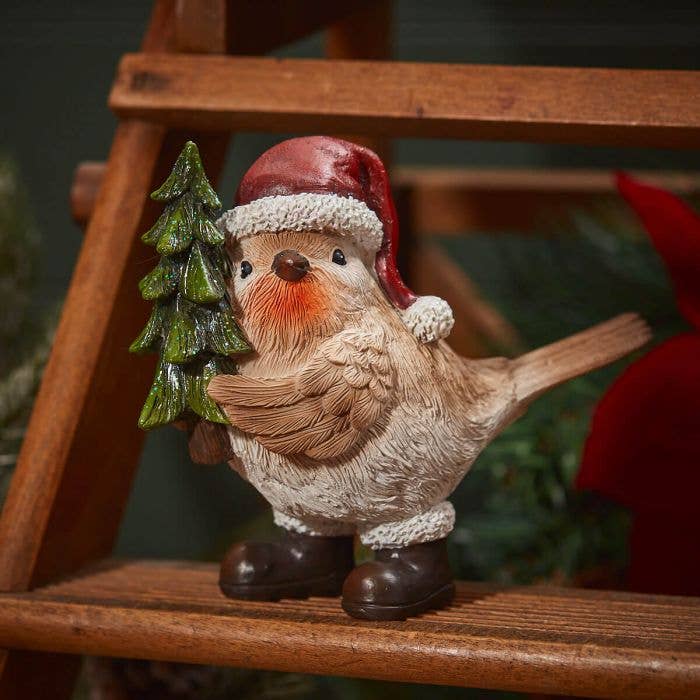 Weihnachtsrotkehlchen hält Baumornament braun Polyresin mit Stiefeln für den Großhandel von Langs