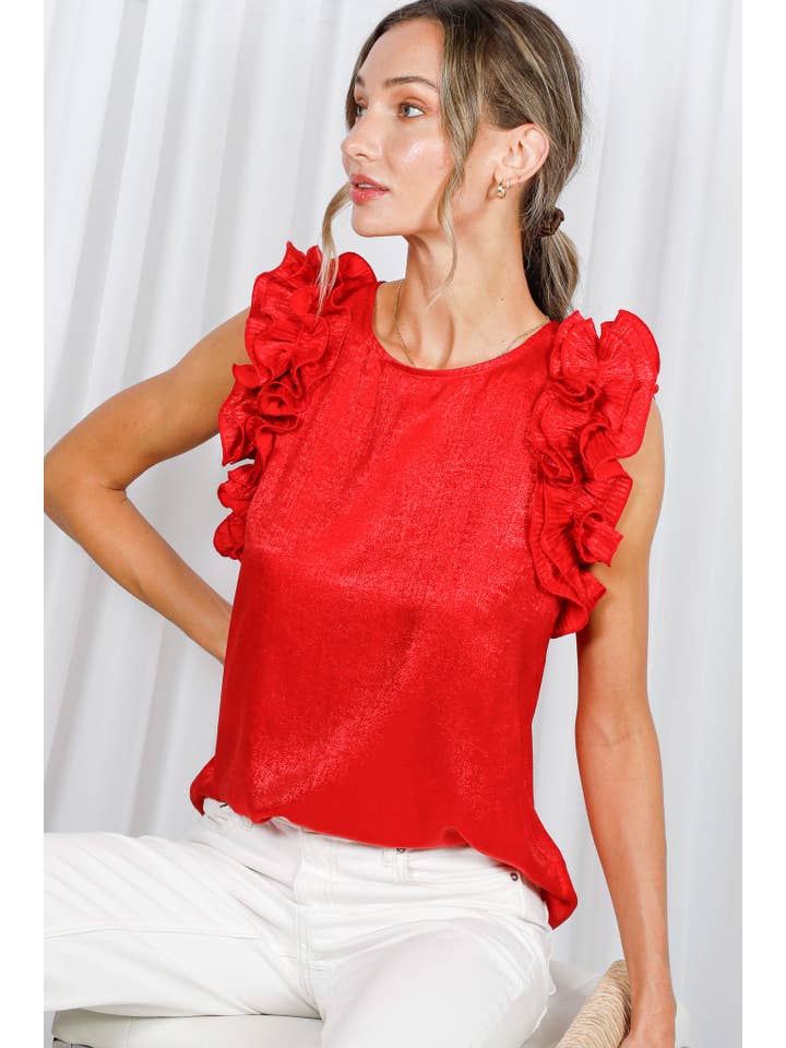 Vine & Love - Vendita all'ingrosso Camicetta - Donna - Blusa senza maniche metallizzata in tessuto intrecciato con volant plissettati VT60373A8