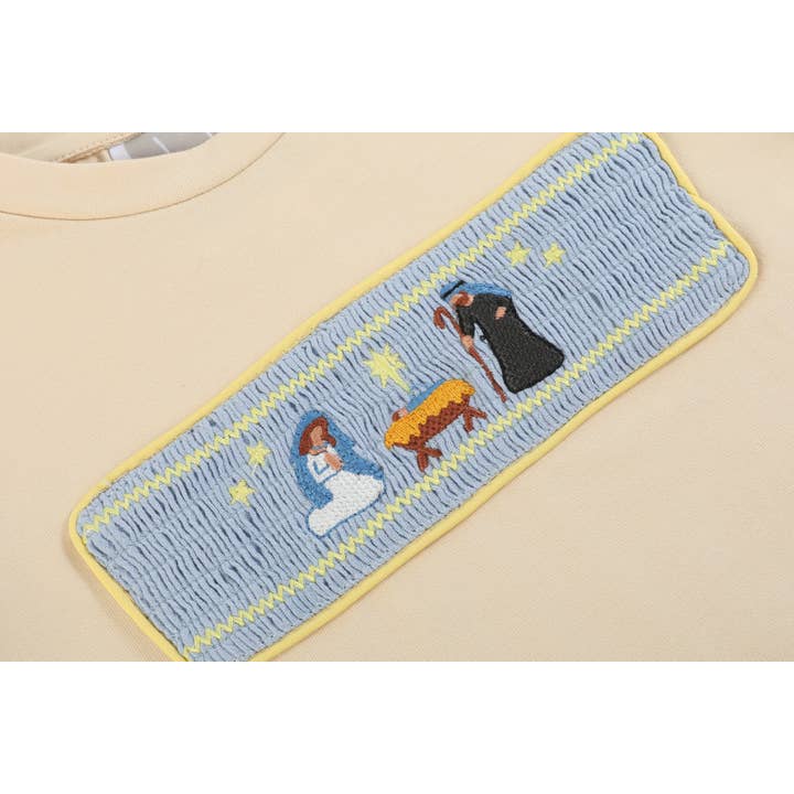 Lil Cactus - Wholesale Top & Pant Set - Kids - Light Brown Nativity Smocked Shirt and Blue Pants